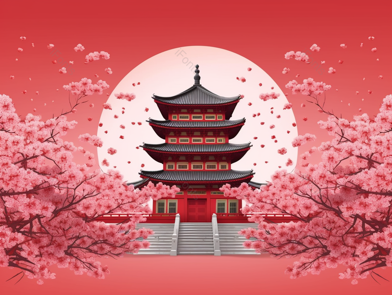 国潮中国风古代建筑手绘红色樱花废物背景插画壁纸,插画/手绘图,插画/手绘图库,插画/手绘图下载,插画/手绘